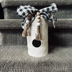 NWOT Rae Dunn Woodgrain Knock Bird house. Custom bow added.